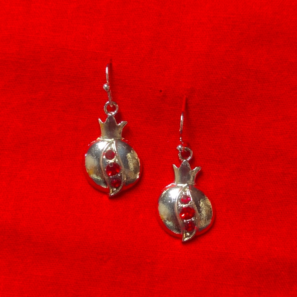 Earrings--Red Pomegranate Dangles--silvery
